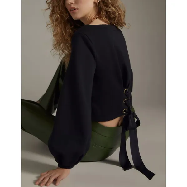 Maeve Anthropologie | Black Tie-Back Ponte Pullover Balloon Sleeve Top | Small - Image 3