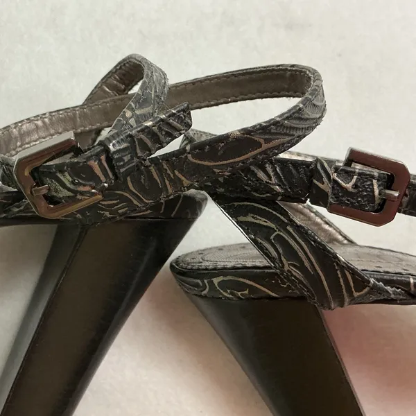 Franco Sarto Womens 6M Black Silver Metallic Embossed Ankle Strap Peep Toe Heels - Image 10