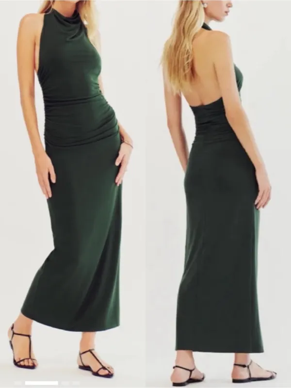 Reformation Jazlyn Knit Dress Midi Maxi Forest Hunter Green Halter Ruched - Image 2