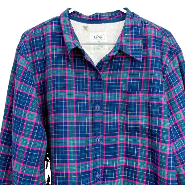 LL Bean Colorful Plaid Sherpa Fleece Lined Flannel Shirt Jacket Shacket Size XL - Image 3