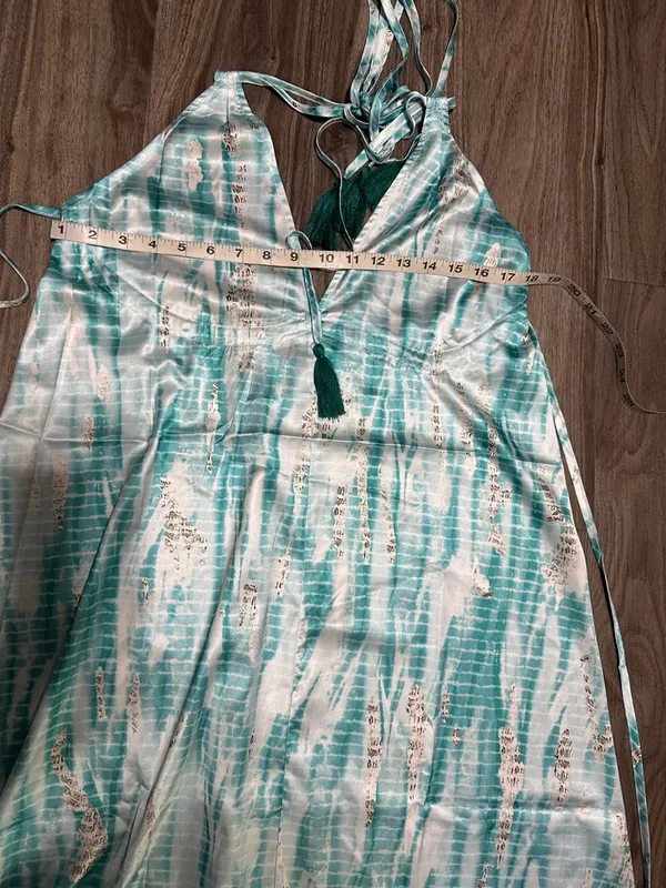 Seafoam Halter Maxi Dress - Flowing Aqua & White Print - Image 9