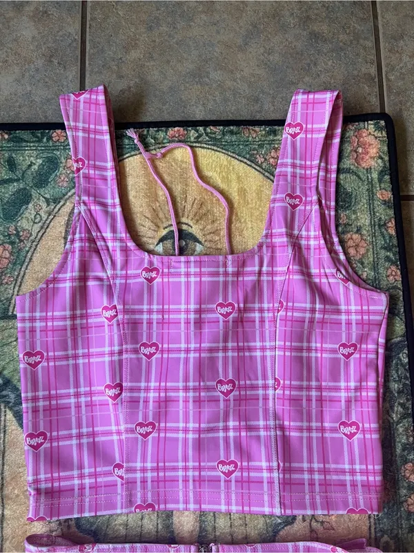 Dolls Kill bratz set Pink Plaid Lace-Up Crop Top & Belted Mini Skirt Set - Image 13