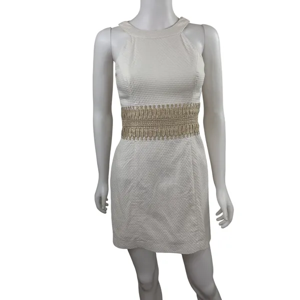 Lilly Pulitzer‎ White Textured Neck Halter Dress Gold Embellished Waist Size 00 - Image 3