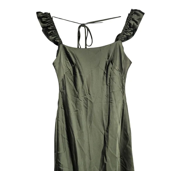 Social Bridesmaids Olive Green Satin Ruffle Flutter‎ Sleeve Maxi Dress XS 8219 - Image 5