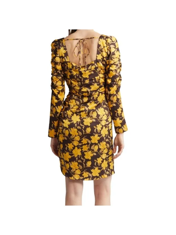 Floret Cottagecore Dark Floral Ruched Square Neck Dress Yellow Brown XS NWOT - Image 15