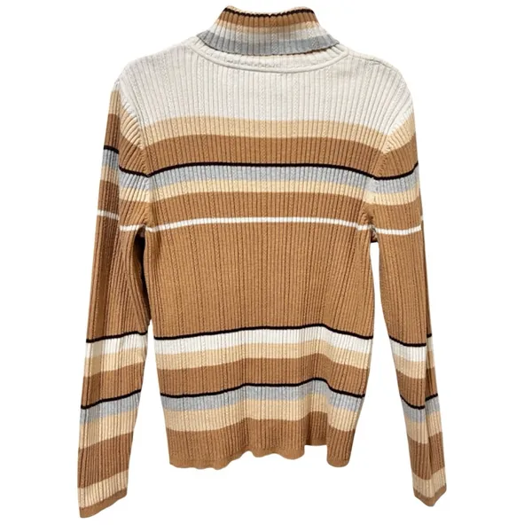 Liz Claiborne Vintage LizSport Ribbed Cotton Turtleneck Sweater L Neutral Stripe - Image 5