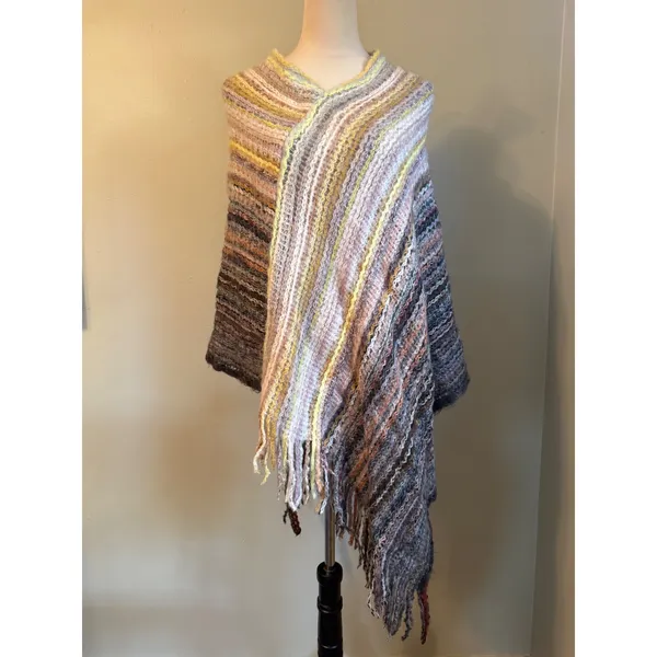 Multi Color Striped Knit Poncho Fringe One Size boho cozy fringe colorful retro - Image 2