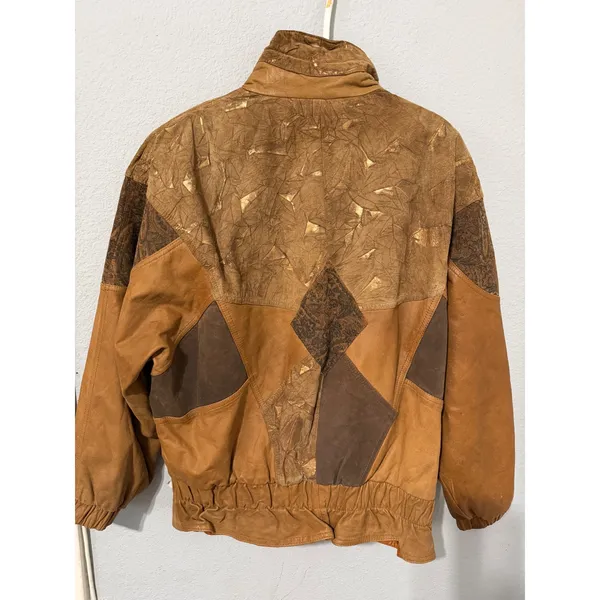 Vintage 80s Otello Pelle Leather Bomber Jacket L Patchwork Paisley Metallic Gold - Image 3