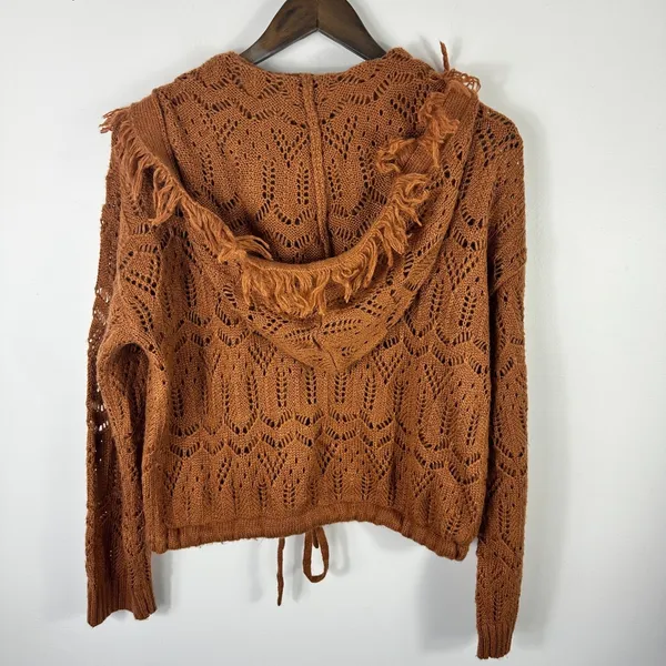 Venus Crochet Knit Sweater‎ Womens Small Brown Hooded Fringe Cropped Boho Indie - Image 3