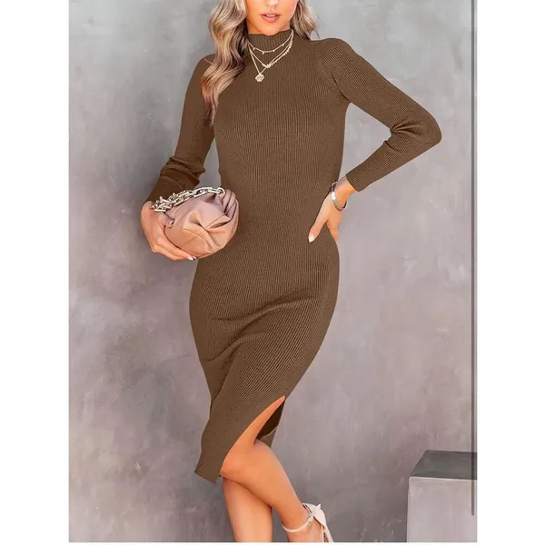 Anrabess NWT Ribbed Mock Neck Bodycon Midi Dress in Brown Size Small - Image 2
