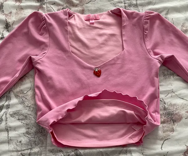 Dolls Kill Sugar Thrillz From Take A Bite Pink Strawberry Charm Flare Sleeve Crop Top, size S - Image 12
