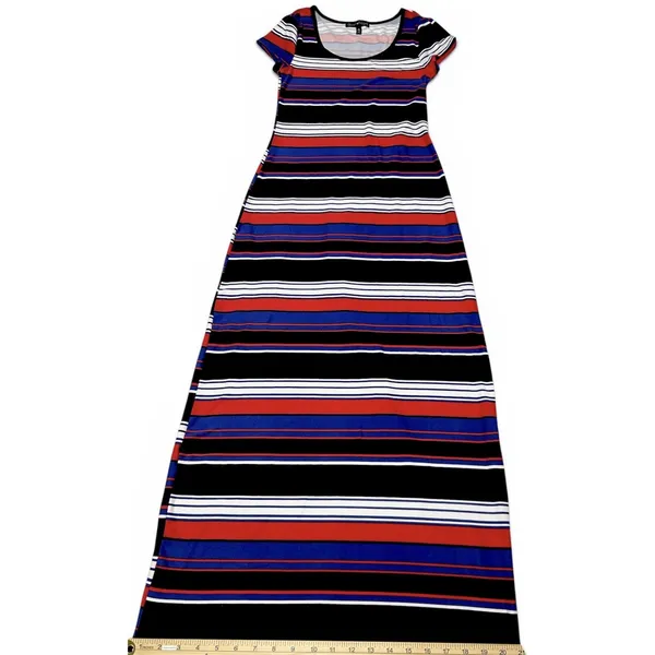 Derek Heart Striped Maxi Dress Med Blue Red White Jersey Knit Short Sleeve VGUC - Image 6