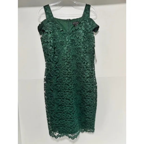 En Focus NWT Size 14 Emerald Green Lace Cold Shoulder Sheath Cocktail Dress Knee - Image 2