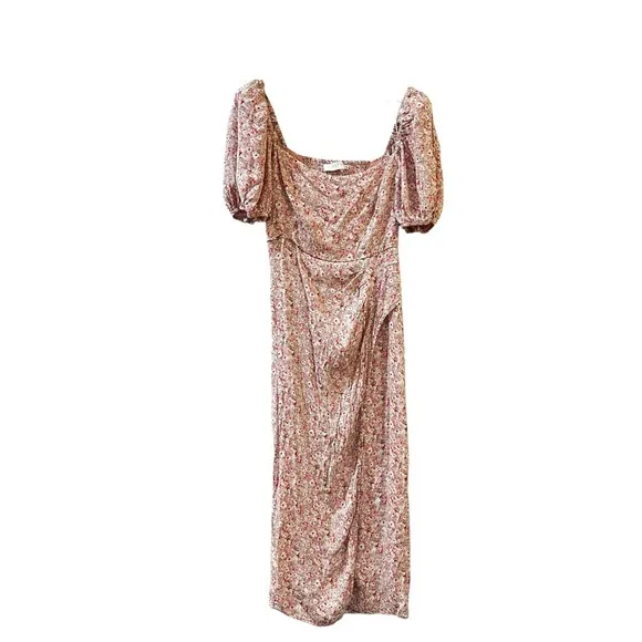 Astr The Label Puff Sleeve Front Slit Midi Dress In Pink‎ Multi Ditsy Size Large - Image 5
