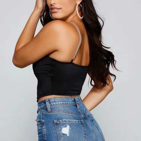 Windsor Gleam And Glow Rhinestone Bustier Top Women’s Small Black Cropped Satin - Image 2