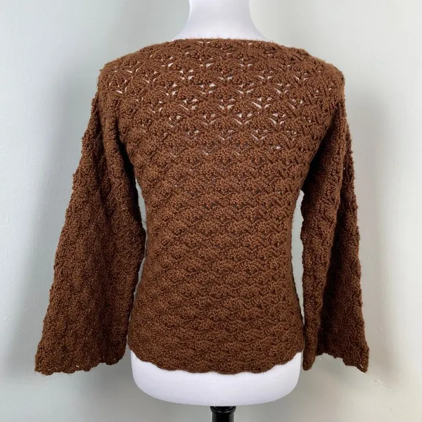 Handmade Chocolate Brown Boho Crochet Bell Sleeve Sweater - Image 4