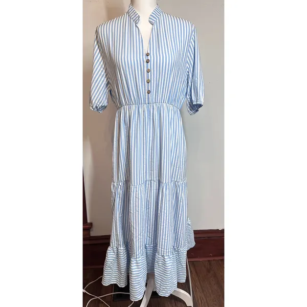 Blue White Striped Tiered Midi Dress XL Short Sleeve Button Front Coastal Boho - Image 8
