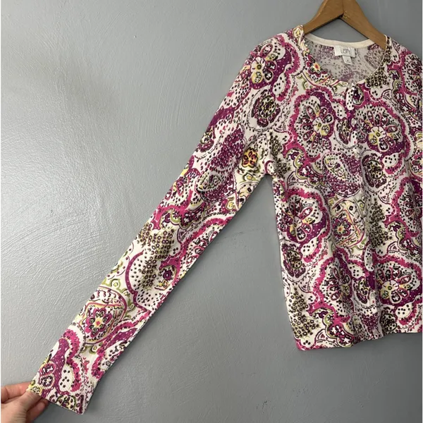 Ann Taylor LOFT Cardigan Size Medium Paisley Pima Cotton Sweater Preppy Office - Image 2