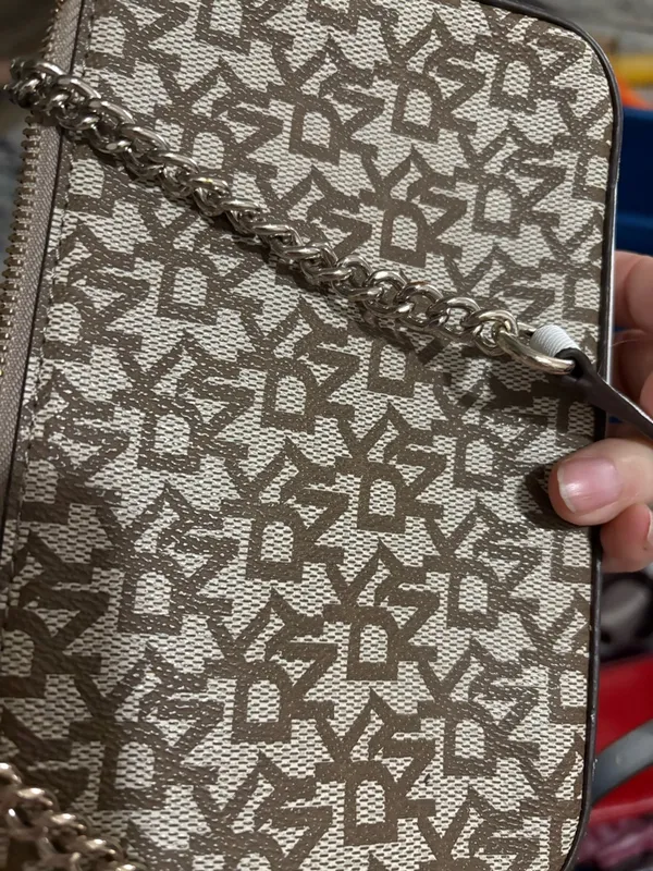 DKNY Beige and Brown Logo Crossbody Bag with Chain Strap - Image 7