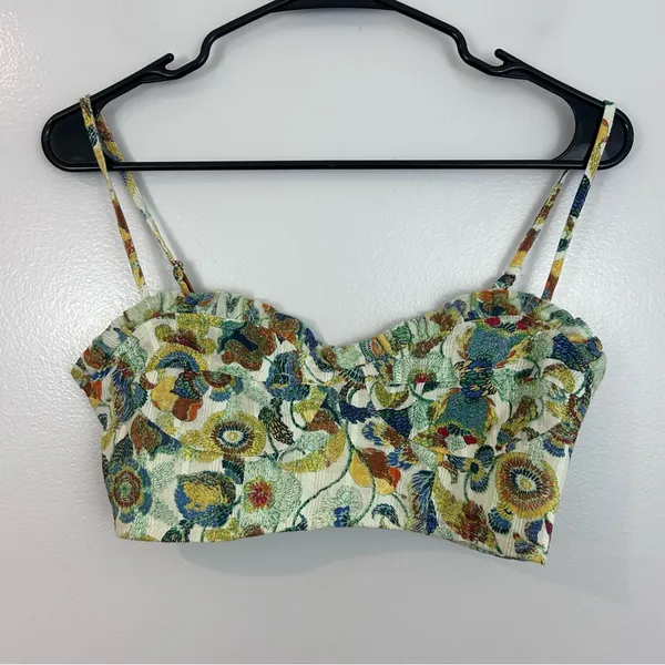 Anthropologie Floral Cropped Embroidered Ruffle Bustier Spaghetti Strap Top XXS - Image 5