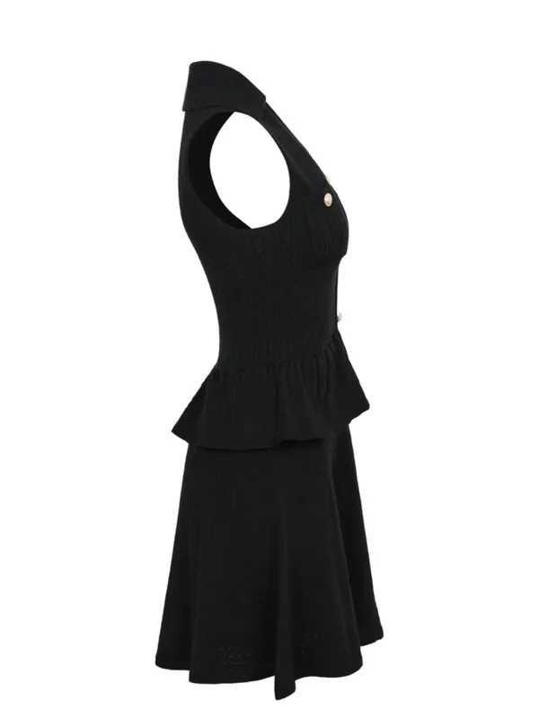 Black Tweed Mini Dress | Gold Button Sleeveless Peplum | Chic Luxury L - Image 3