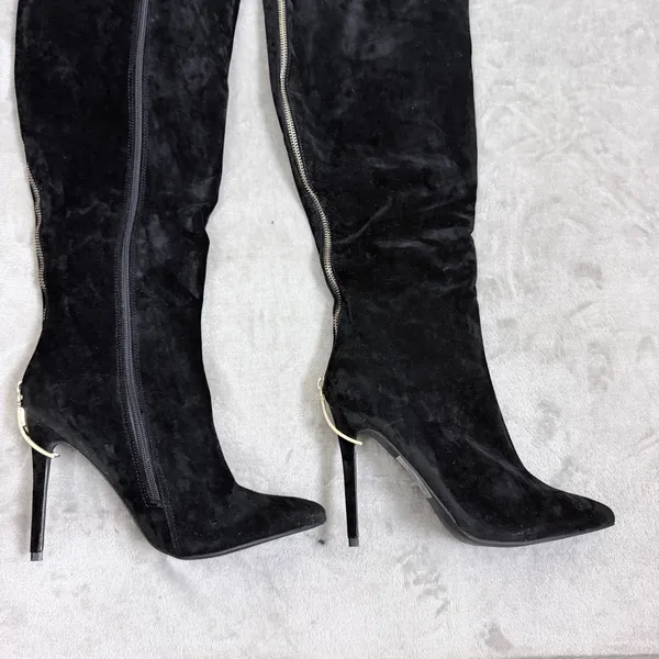 Ariz Suede Knee High Boots Glam Stiletto Pointed Toe Black Women Size 10 - Image 9