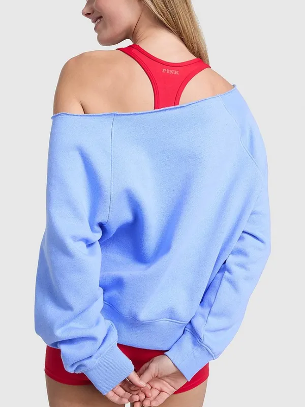 New PINK Off The Shoulder Sweatshirt in Seascape Blue Stars Bling - Image 2