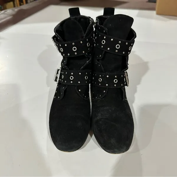 Rebecca Taylor Logan Black Suede Studded Buckle Heel Booties‎ Size 7 - Image 2