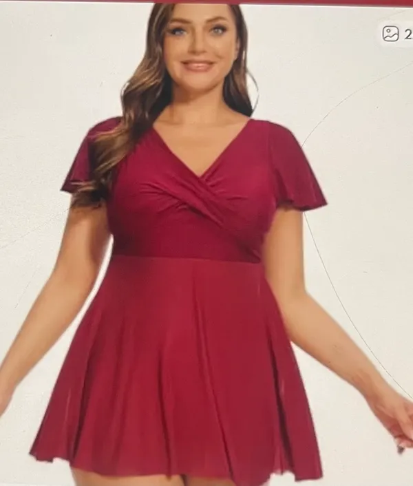 Stylish red swim dress with a flattering wrap design. Perfect for beach outings. - Image 3
