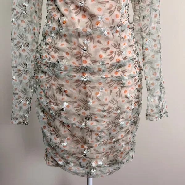 Selfie Leslie First Class Floral Ruched‎ Mesh Cutout Long Sleeve Mini Dress Med. - Image 6