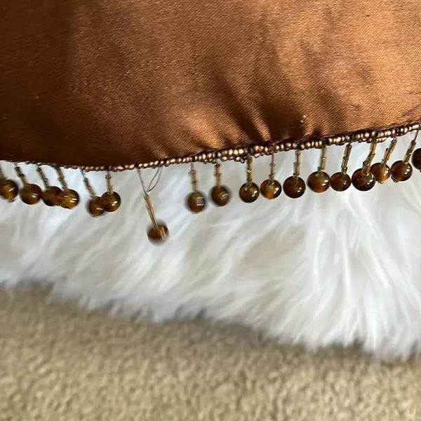 Vintage brown beaded fish scale triangle shape double handle satin handbag purse - Image 12