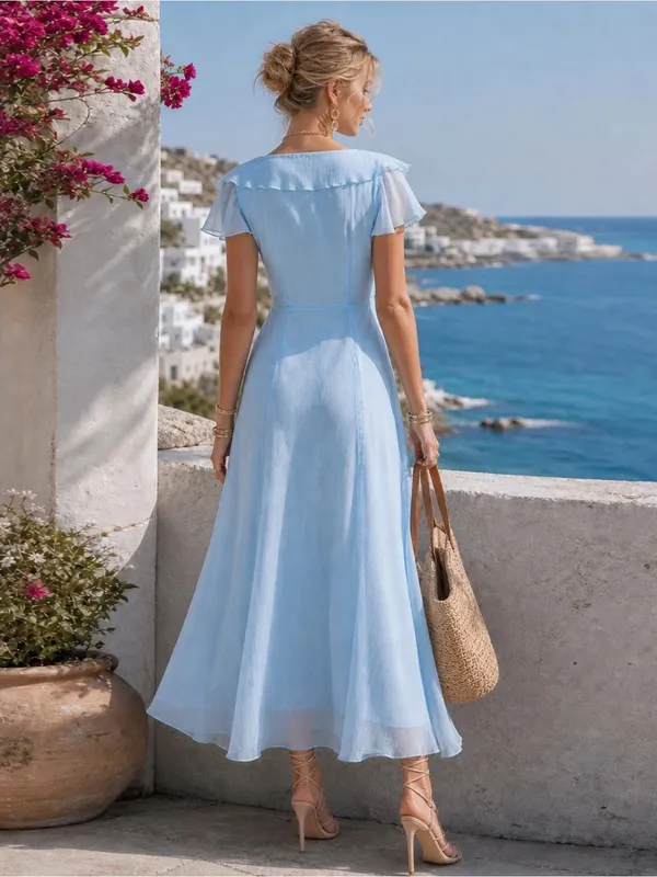 Rihoas Blue V Neck Ruffle Chiffon Maxi Dress - Image 4