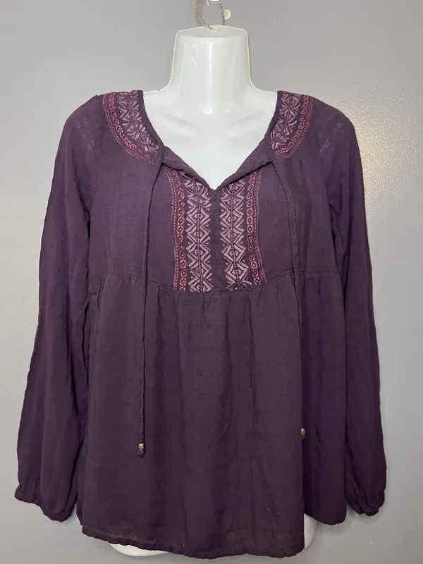 Sonoma Goods For Life Blouse Womens Medium Purple Embroidered Tunic Top Boho - Image 2