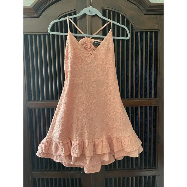 MINKPINK Pink Embroidered Mini Dress Women’s S/M Spaghetti Straps Ruffle Hem - Image 2