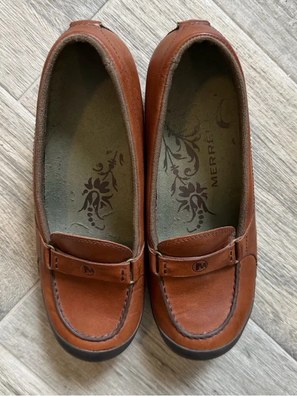 Merrell Womens 8 M Brown Leather Sport Driving Loafer Shoe Hidden Wedge - Image 3