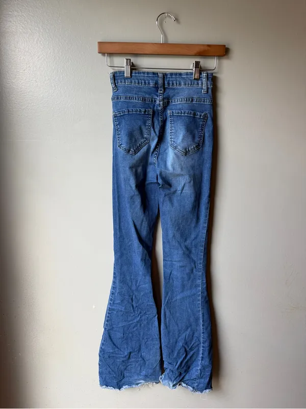 High Rise Button Fly Flare Jeans Distressed Bell Bottom Y2K - Image 6