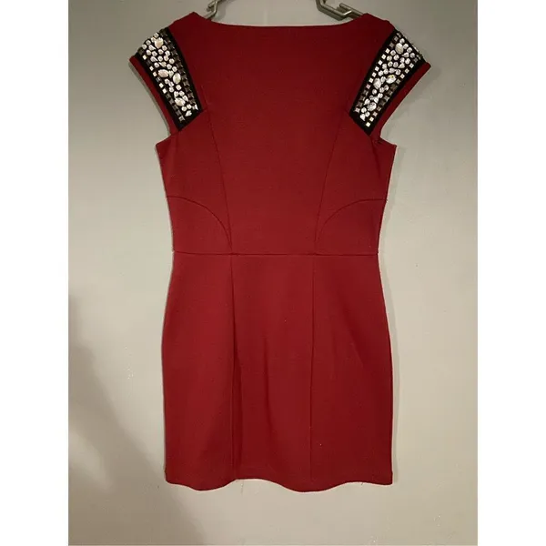 Allen B Schwartz Burgundy Red Gemstone Jewel Bedazzled Shoulder Party Dress Smal - Image 2