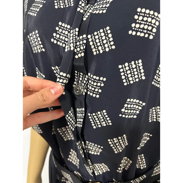 Leslie Fay Vintage Navy Blue Geometric Dot Pleated Midi Dress with Belt Size 14W - Image 5