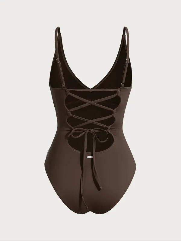 Berlook Dark Coffee V Neck Tummy Control One-Piece Swimsuit - Image 6