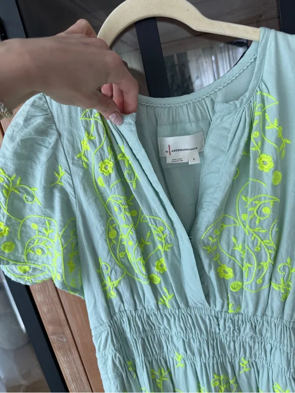 Anthropologie The Somerset Mini Dress Embroidered Linen short sleeve splice mint - Image 3