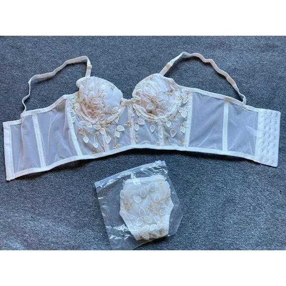 Floral Embroidered Mesh Bustier Set Size 34/75A New Longline‎ Lingerie Thong - Image 5