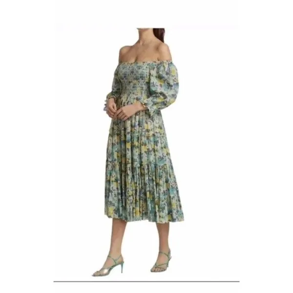 LoveShackFancy Capri Midi Dress- Size L Blue‎ Multi 3/4 Sleeves Smocked Waist - Image 2