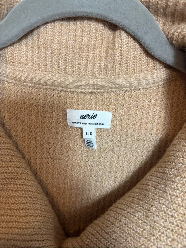 Aerie Cozy Up Waffle Knit Oversized Collar Quarter Button Tan Sweater Size L - Image 4