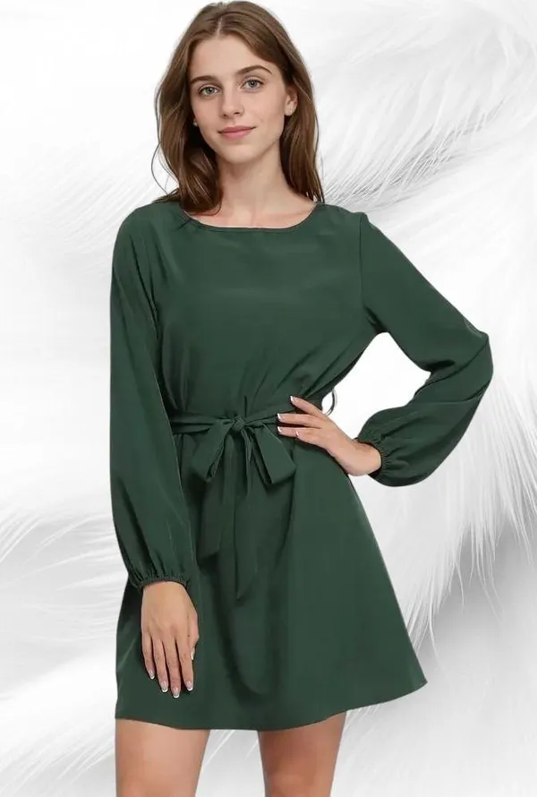Women's Solid Round Neck Puff A-line Dress - Image 3