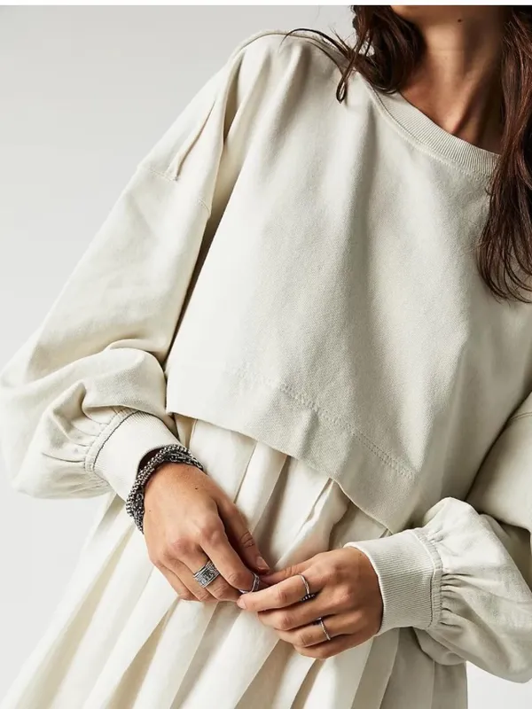 Women Oversized Sweatshirt Dress Patchwork Crewneck Long Sleeve Flowy Pleated - Image 3