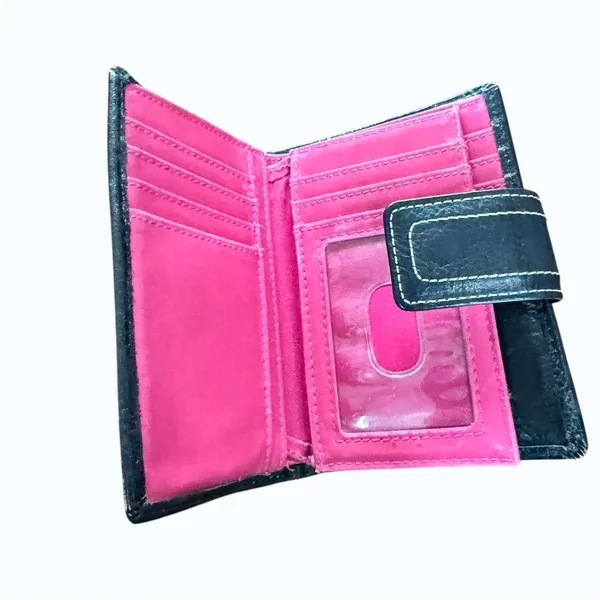 Fossil Black Leather Wallet Pink Interior Bifold Snap Tab Zip Pocket - Image 6