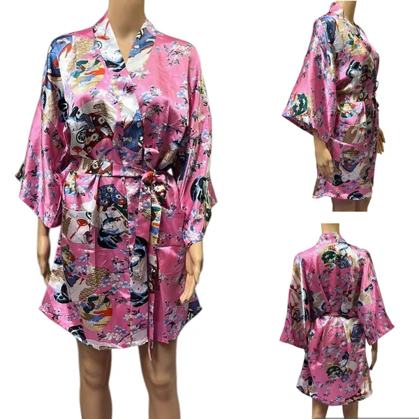 Pink Geisha Lotus Floral Satin Pocket Kimono Robe Tie Belt One Size Fits Most - Image 3