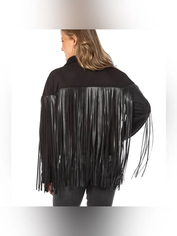 Juicy Couture Black Faux Suede Fringe Trucker Jacket Size Medium - Image 3