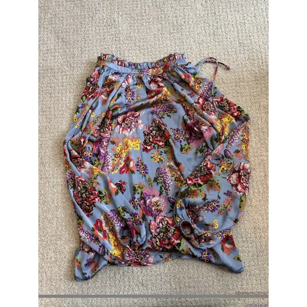 Hazel Blue Floral Blouse Women's Size‎ S Small Long Balloon Sleeve Ruffle Neck - Image 4