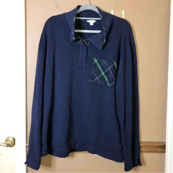 Crown & Ivy Harper‎ Long Sleeve Button Neck Pullover Plaid Pocket Navy Blue XL - Image 2